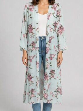 Peach Love California‎ Long Maxi Kimono Cover-up Floral Bell Sleeve Size Small